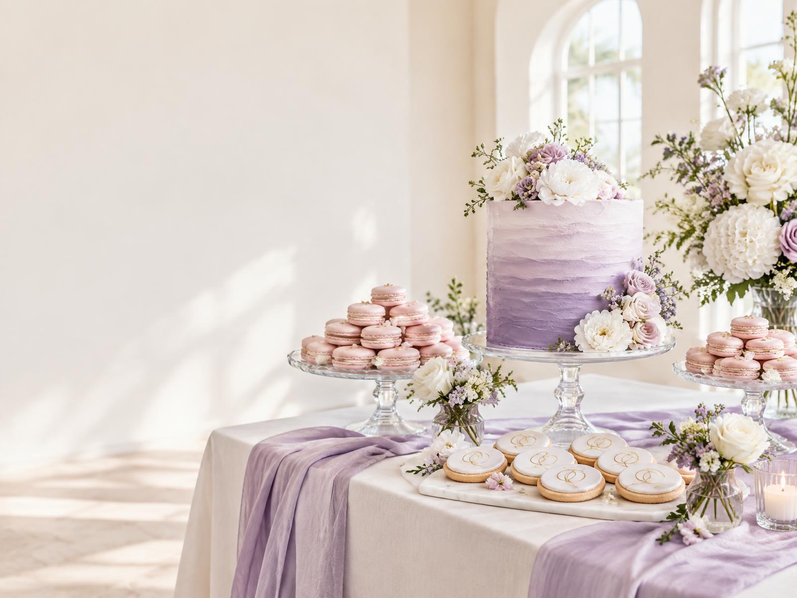 A refined Puffect celebration dessert display with cake and macarons